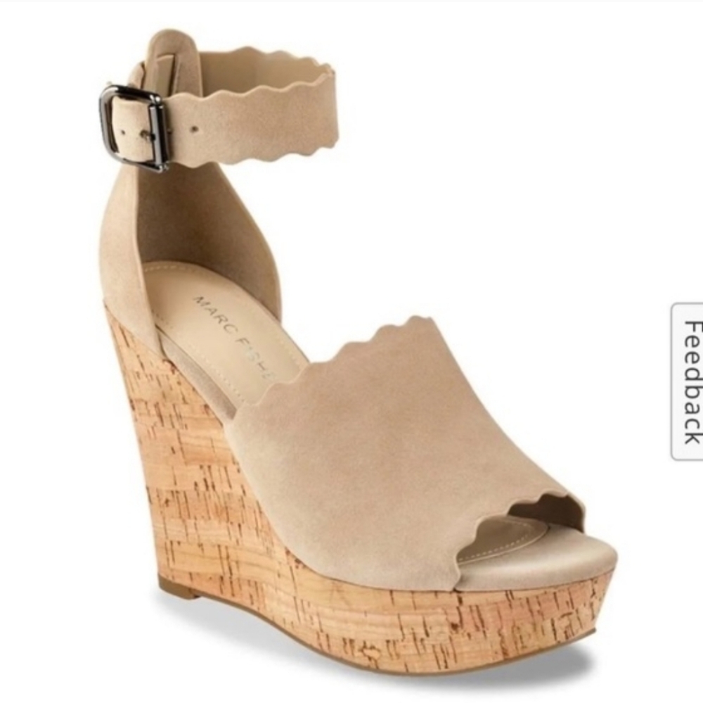 Marc Fisher Haya Suede Beige Scalloped Wedges
